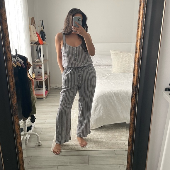 Rails Pants - RAILS Linen Blue & White Striped Jumpsuit